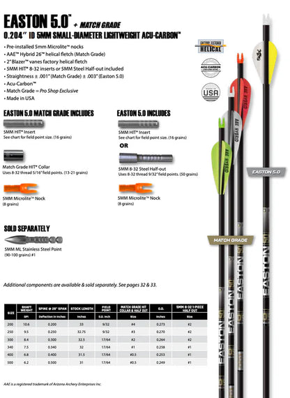 Easton 5.0 5mm Arrows with Fletches
